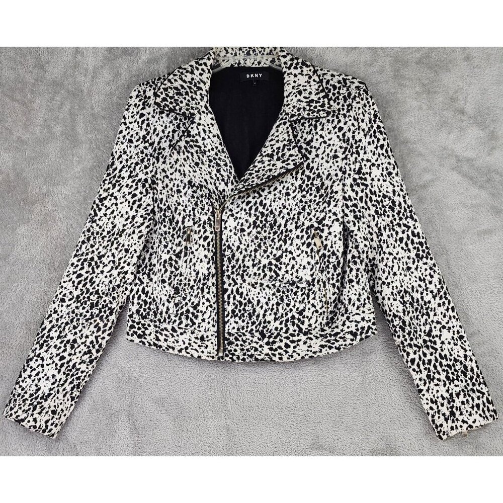 DKNY Jacket Womens XS Black White Animal Print Retro Full Zip Long Sleeve